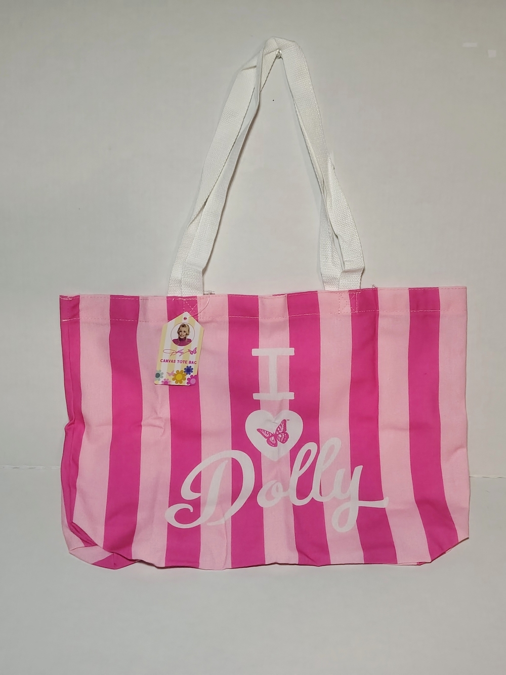 Dolly Parton Pink Striped I 💖 Dolly Canvas Tote with White Logo